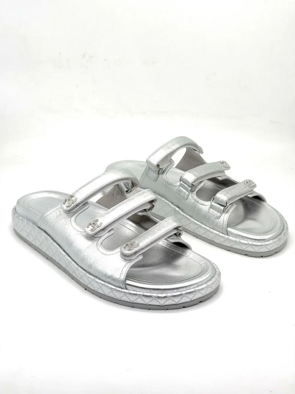 CHANEL 25C Laminated Leather Crystal CC Platform Flat Mules Slide Dad Sandals